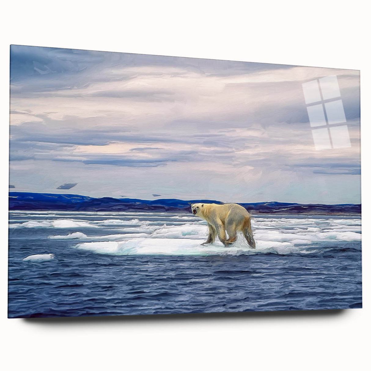 Stylish polar bear wall art design in a modern acrylic glass frame, showcasing a vibrant side view with intricate detailing, perfect for home decor.
