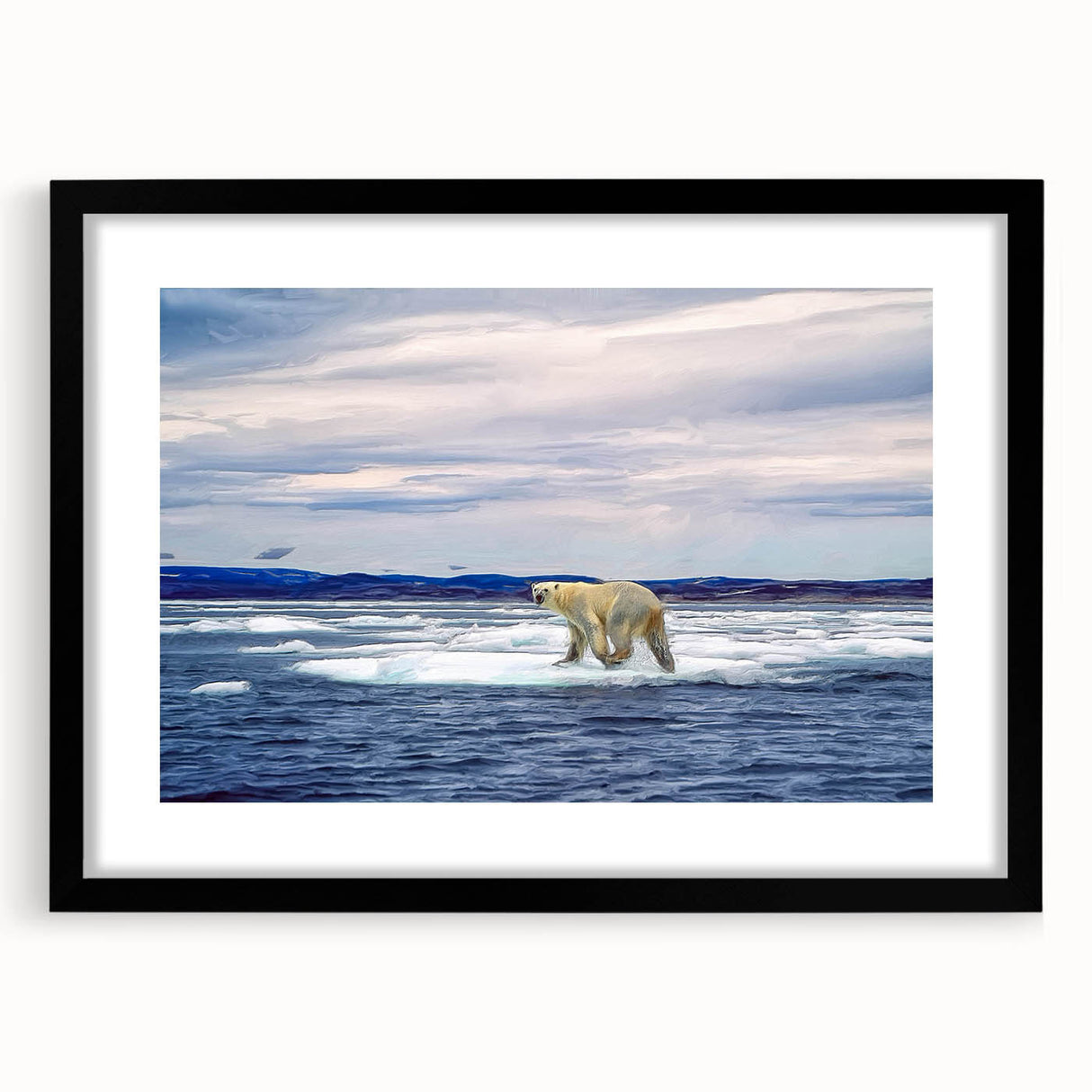 Polar bear wall art design in a black frame with a white mat, featuring a striking depiction of a polar bear, ideal for nature-themed decor.