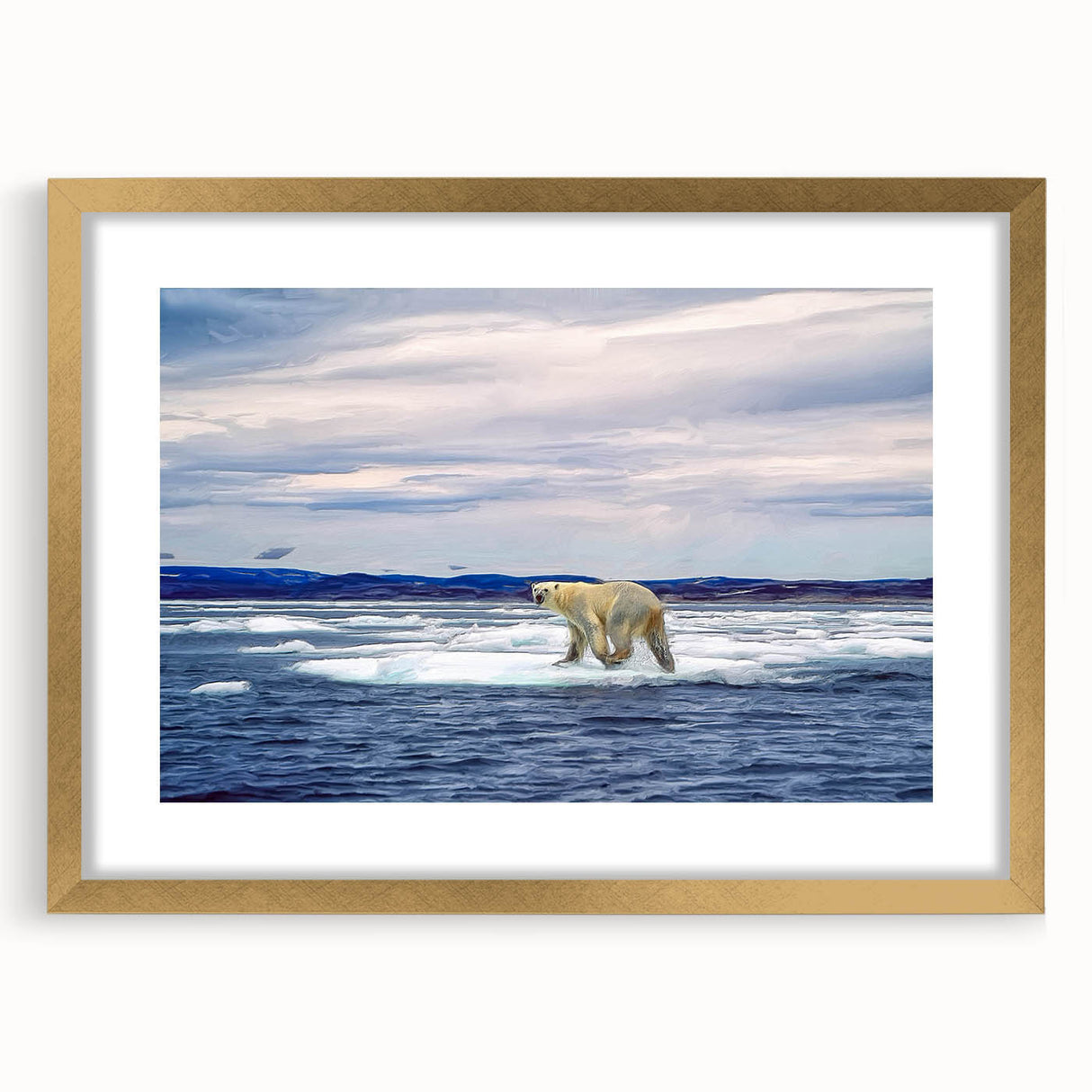 Framed wall art featuring a striking polar bear design on a white background, accented with a gold frame and mat, perfect for modern home decor.