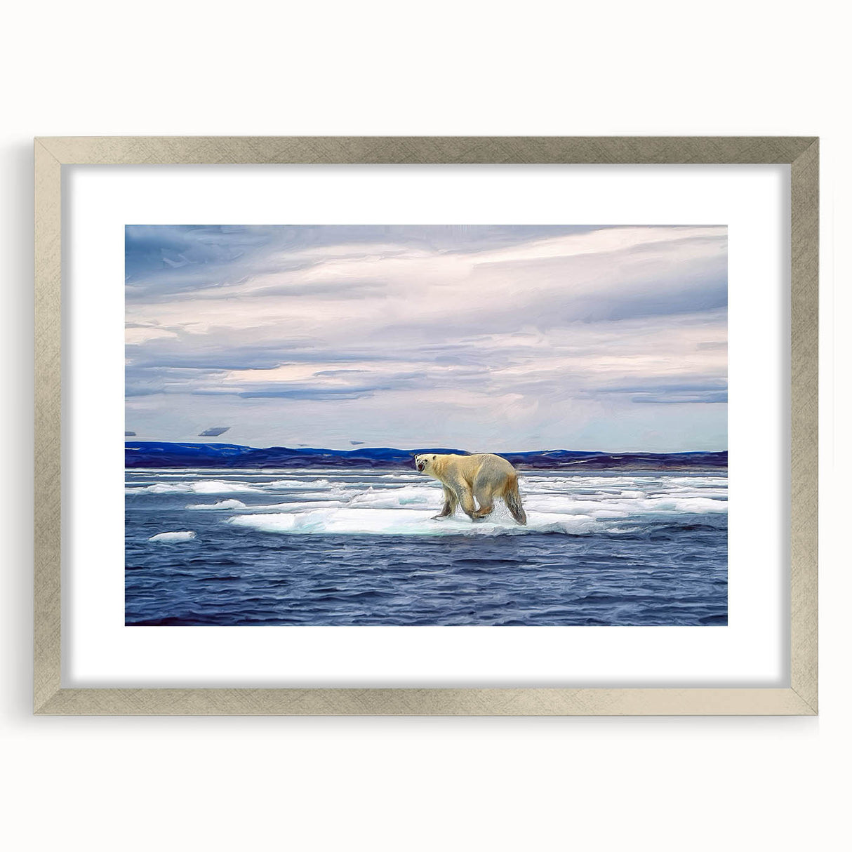Polar bear wall art design in a sleek silver frame with a mat, showcasing a stunning wildlife illustration that enhances any modern decor. Ideal for animal lovers.