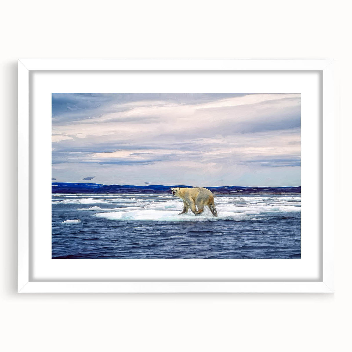 Front view of a framed polar bear wall art design, featuring a clean white mat and minimalist aesthetic, perfect for modern home decor or wildlife enthusiasts.