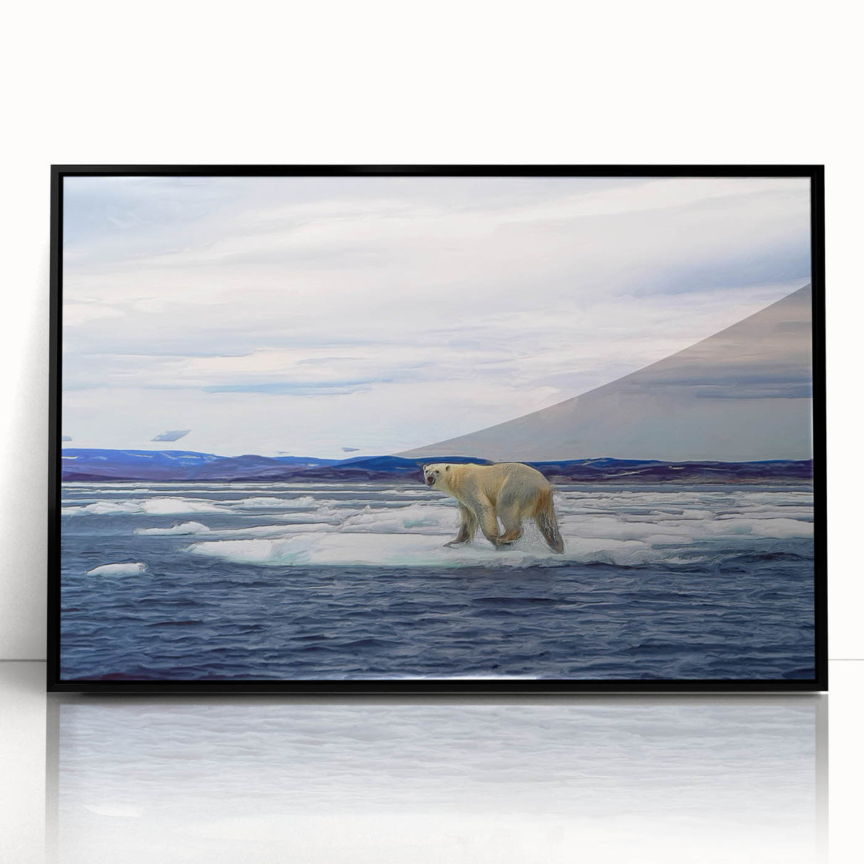 Framed wall art featuring a striking polar bear design on a black background, showcasing intricate details and vibrant colors, perfect for wildlife enthusiasts.