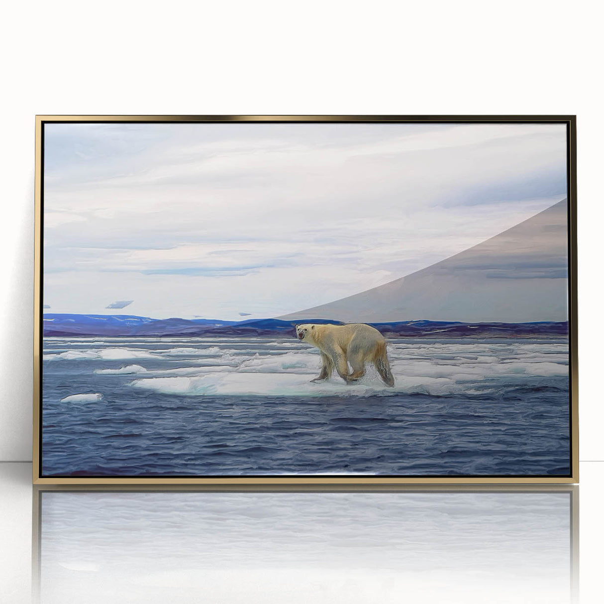 Framed polar bear wall art design showcasing a majestic polar bear against a vibrant backdrop, highlighted with a sleek gold acrylic frame for an elegant touch. Perfect for nature lovers and modern home decor enthusiasts.
