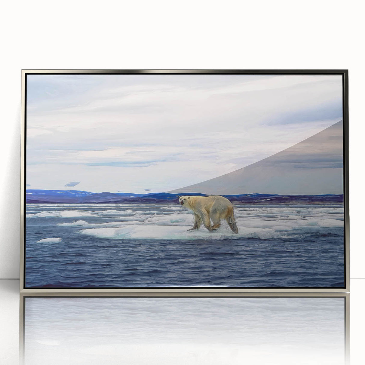Framed wall art featuring a striking polar bear design with a sleek silver acrylic front, perfect for adding a modern touch to any home decor.