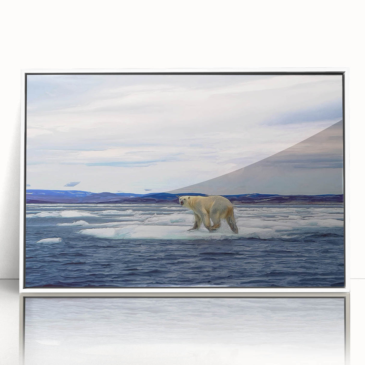 Framed wall art showcasing a polar bear design on acrylic, featuring a white border and sleek modern aesthetics, perfect for enhancing contemporary home decor.
