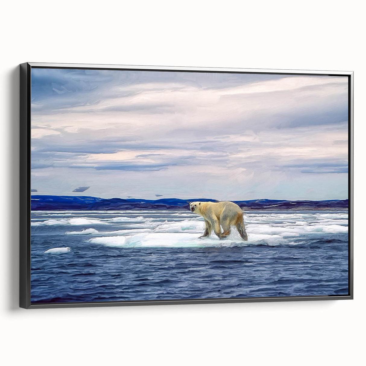 Framed wall art showcasing a polar bear design on a black background, featuring a side view of the canvas. Ideal for wildlife-themed decor, this piece adds a touch of nature to any room.