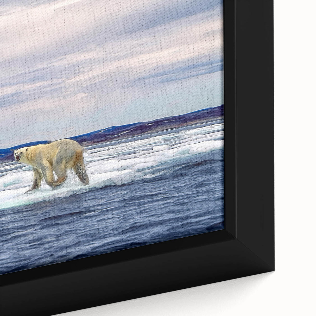 Close-up of a framed polar bear wall art design on canvas, featuring intricate details and a vibrant color palette, perfect for adding a touch of nature to home decor.