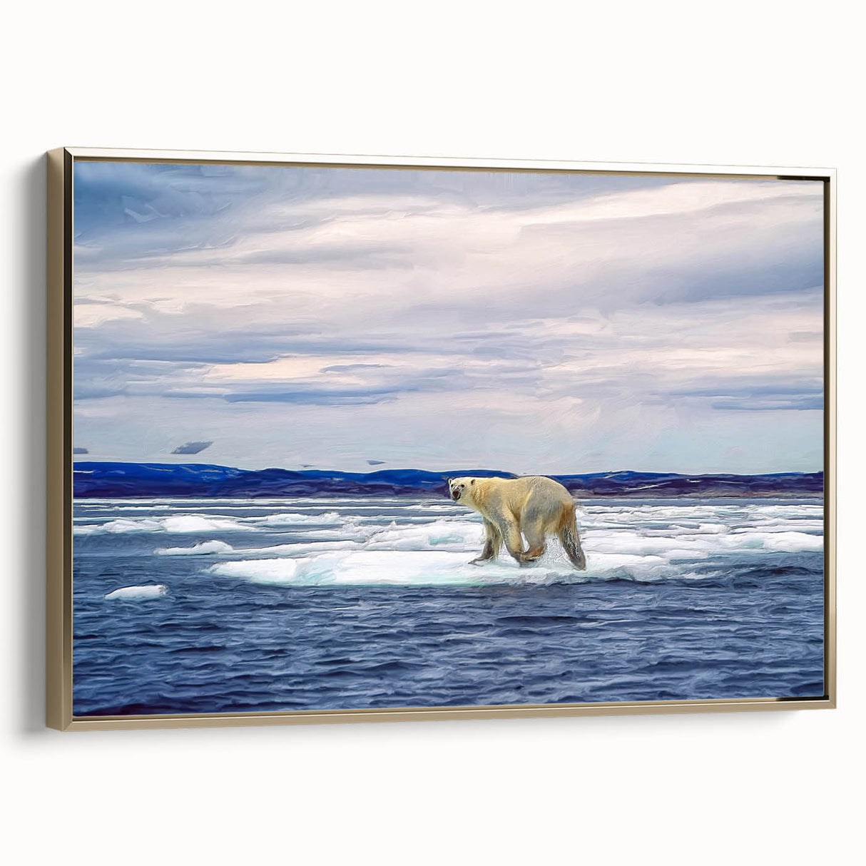 Framed canvas wall art showcasing a polar bear design in a gold frame, highlighting intricate details and textures, perfect for animal lovers and modern decor enthusiasts.