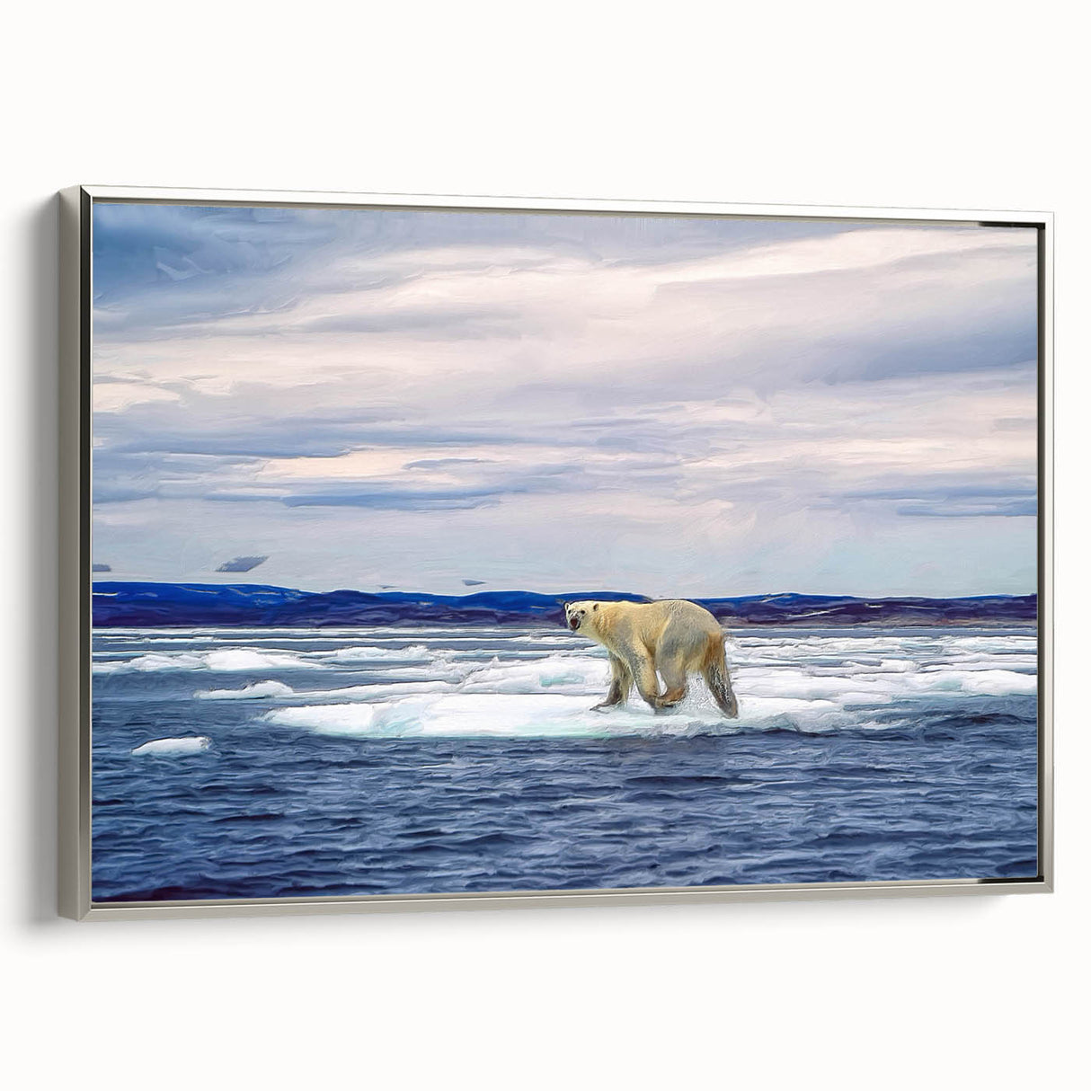 Framed wall art featuring a striking polar bear design with silver accents, showcasing a side view of the canvas, ideal for modern home decor.