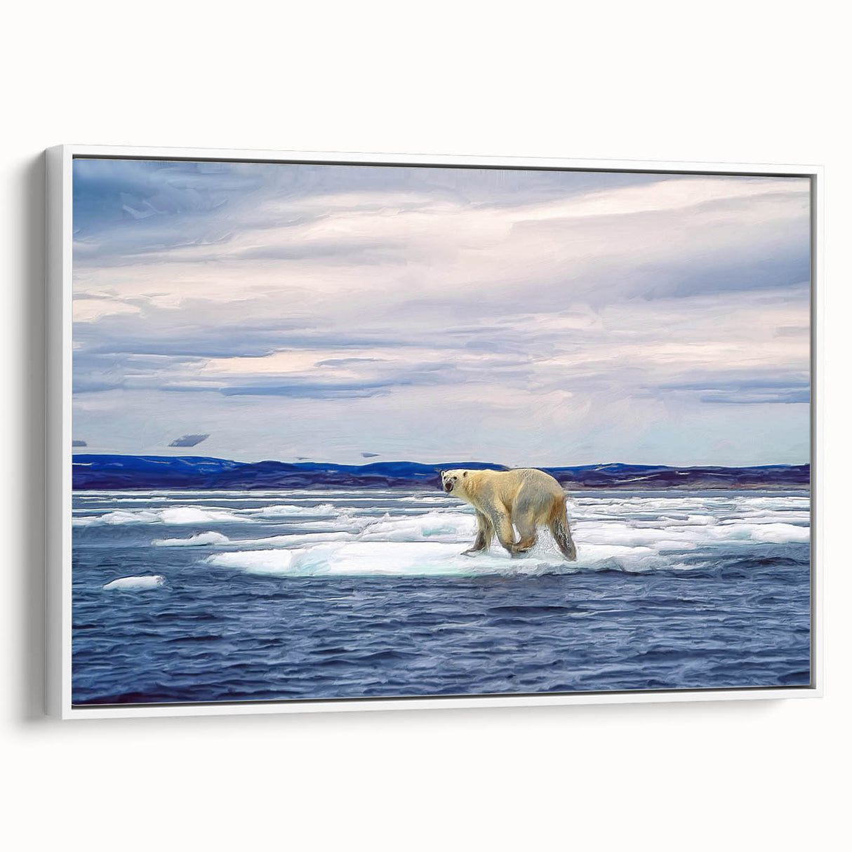 Framed canvas wall art featuring a stylish polar bear design with a white color palette, showcasing its side view. Perfect for modern home decor and nature enthusiasts.