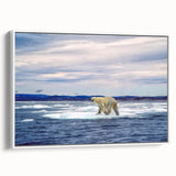 Framed canvas wall art featuring a stylish polar bear design with a white color palette, showcasing its side view. Perfect for modern home decor and nature enthusiasts.