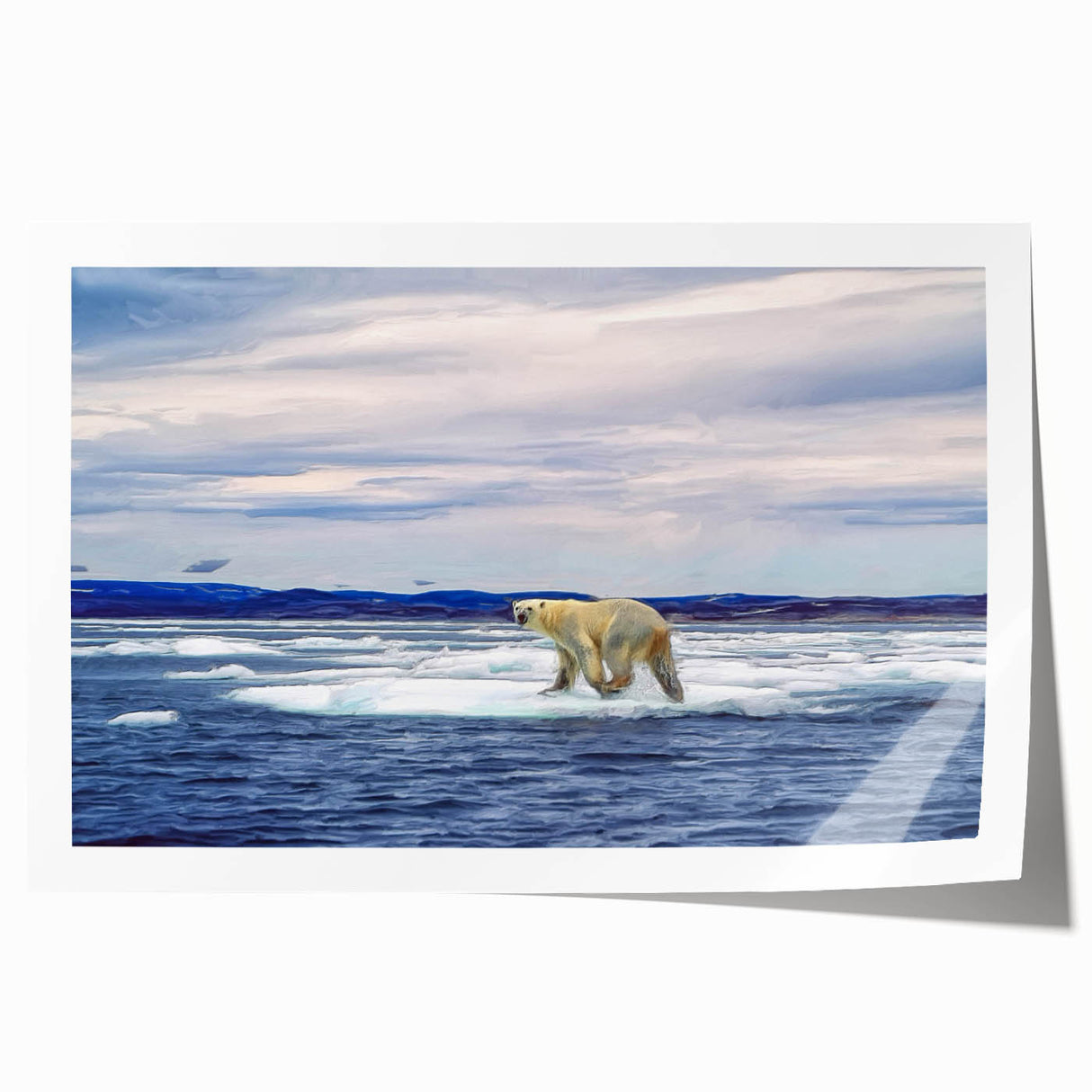 Polar bear wall art print showcasing a stunning design with intricate details, featuring a snowy landscape and vibrant colors, rolled up for easy shipping and display.