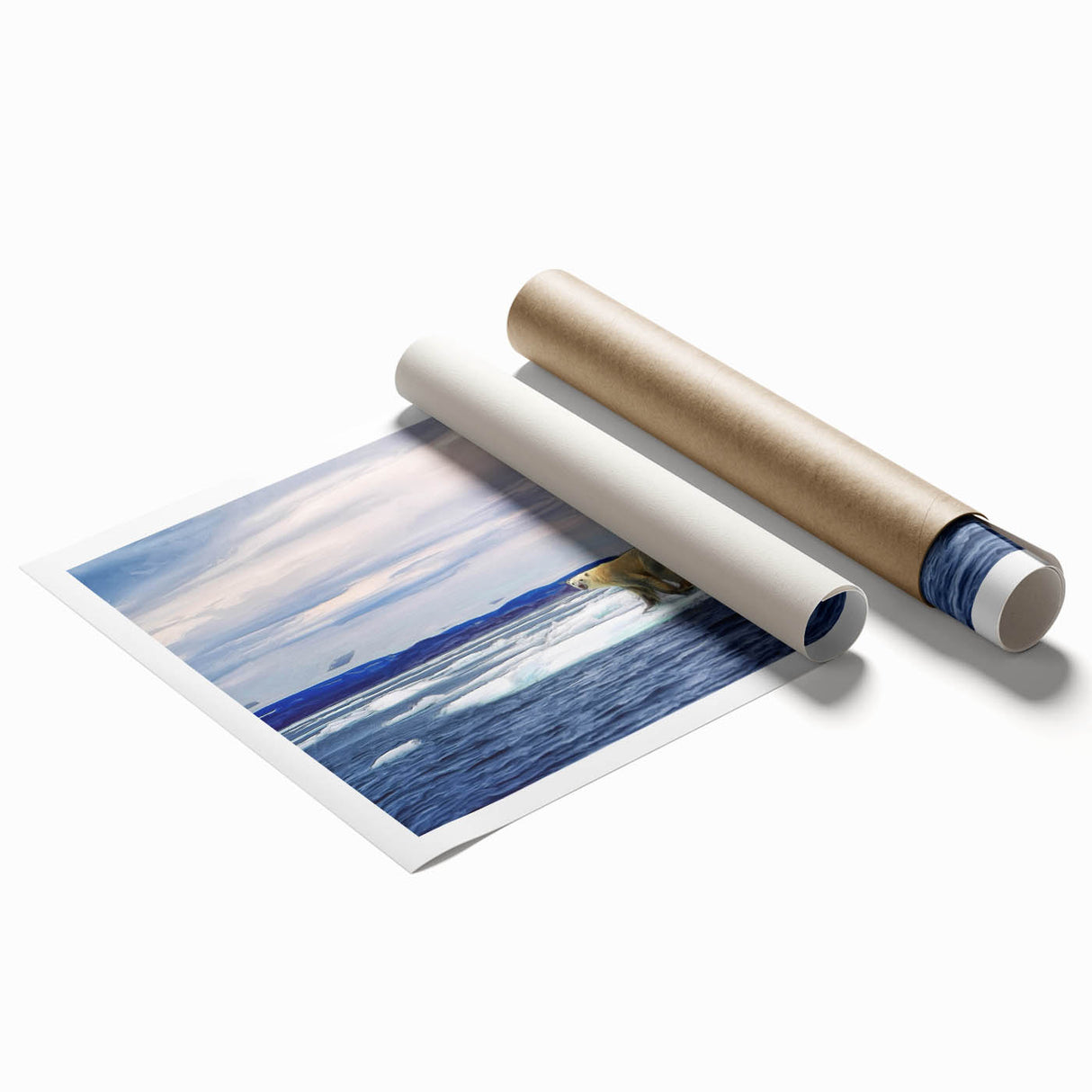 Polar bear wall art print showcasing a striking design of a majestic polar bear against a snowy backdrop, rolled and ready for framing, perfect for wildlife enthusiasts.