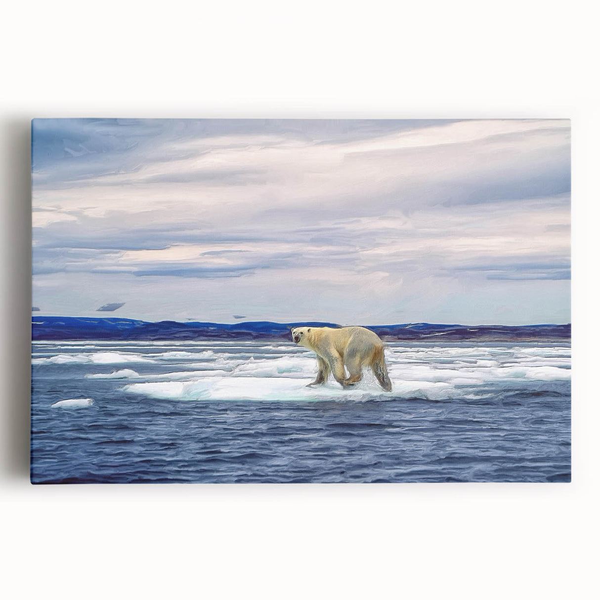 Vibrant polar bear wall art design on stretched canvas, showcasing intricate details and a serene icy backdrop, perfect for enhancing modern home decor.