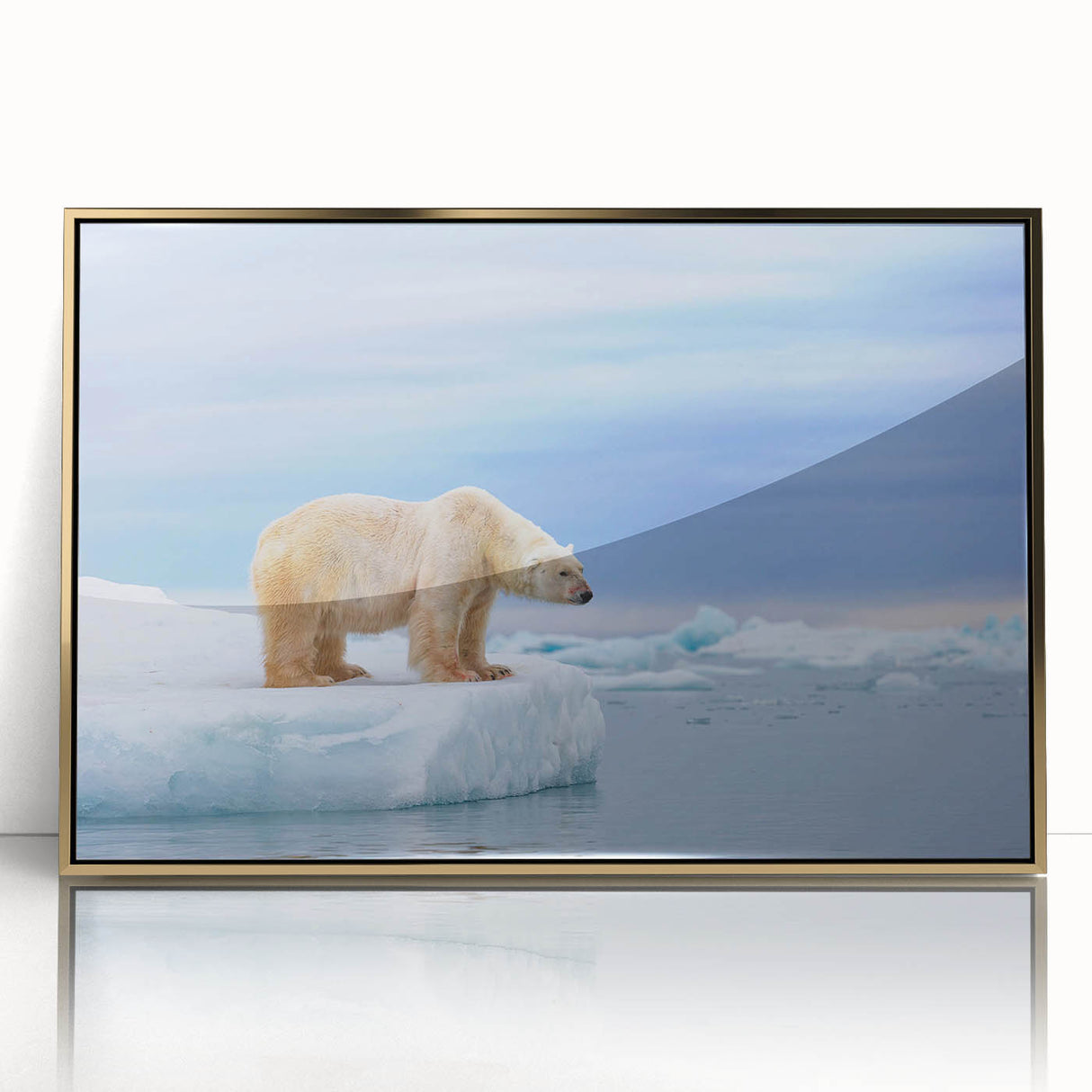 Framed wall art featuring a striking polar bear design with a gold-acrylic front, perfect for adding a touch of nature-inspired elegance to any room.