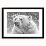 Polar bear wall art design featuring a black frame and mat, showcasing a striking illustration of a polar bear against a minimalist background, ideal for modern home decor.