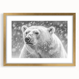 Polar bear wall art design framed in gold with a mat, showcasing a detailed, artistic portrayal of the majestic animal against a minimalist backdrop, ideal for adding elegance to any decor.