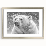 Framed polar bear wall art design with a silver mat, showcasing a serene Arctic scene; perfect for adding a touch of nature to home decor.
