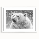 Polar bear wall art design featuring a white frame with mat, showcasing a striking polar bear illustration, perfect for adding a modern touch to home decor.