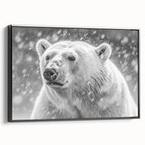 Framed canvas wall art featuring a striking polar bear design in monochrome colors. The side view highlights the sleek black frame, perfect for modern decor.