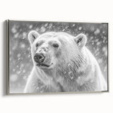 Framed canvas wall art showcasing a stunning polar bear design in silver tones, elegantly displayed from a side view, perfect for modern home decor.