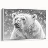 Framed canvas wall art showcasing a polar bear design, featuring a white background and a side view perspective, ideal for nature-themed home decor.