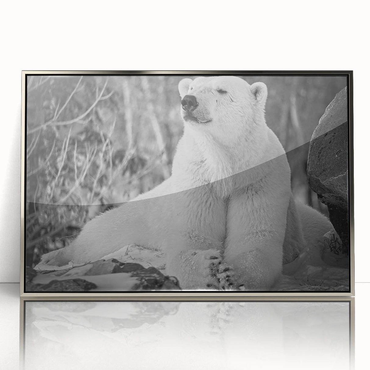 Framed polar bear wall art featuring a sleek silver border, showcasing a minimalist design with a striking polar bear illustration against a light background, perfect for modern decor.