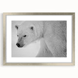 Polar bear wall art print in a sleek silver frame, showcasing a minimalist design with a white mat, perfect for modern decor in any room.