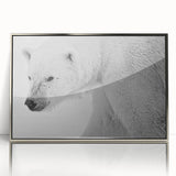 Framed wall art featuring a striking polar bear design, showcasing a silver-acrylic finish that enhances the vibrant colors, perfect for modern home decor.