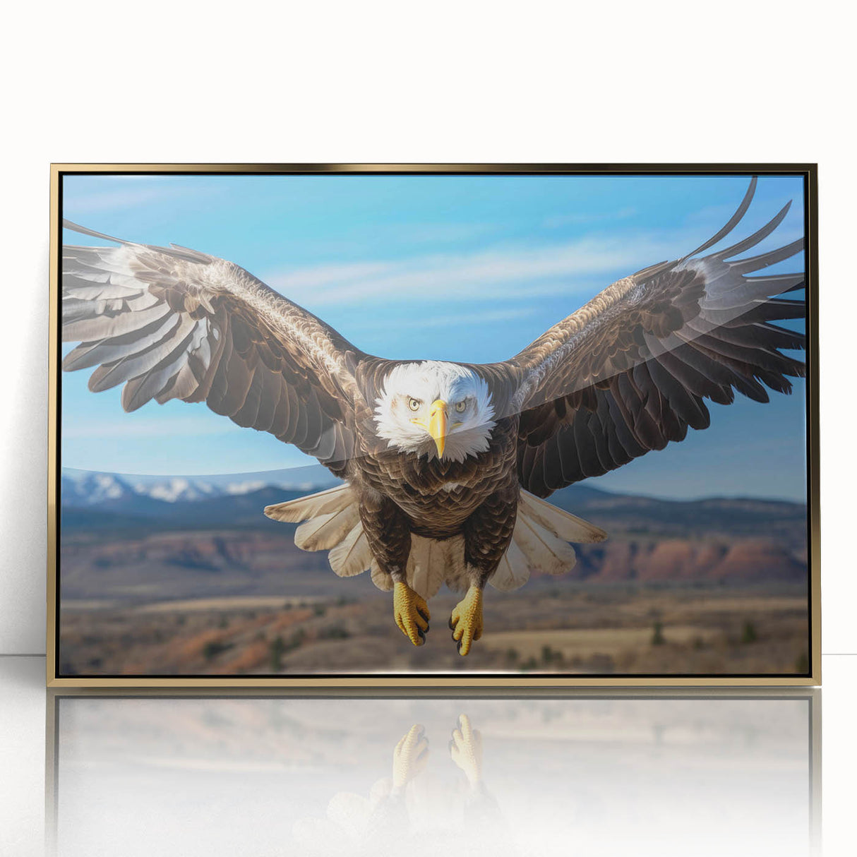 Framed wall art featuring a striking design of birds in flight, showcased in an elegant gold-acrylic frame, perfect for adding a touch of nature and sophistication to any decor.