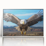 Framed wall art collection titled "Birds of Prey" showcasing a vibrant design of various raptors in flight against a white background, ideal for nature enthusiasts and home decor.