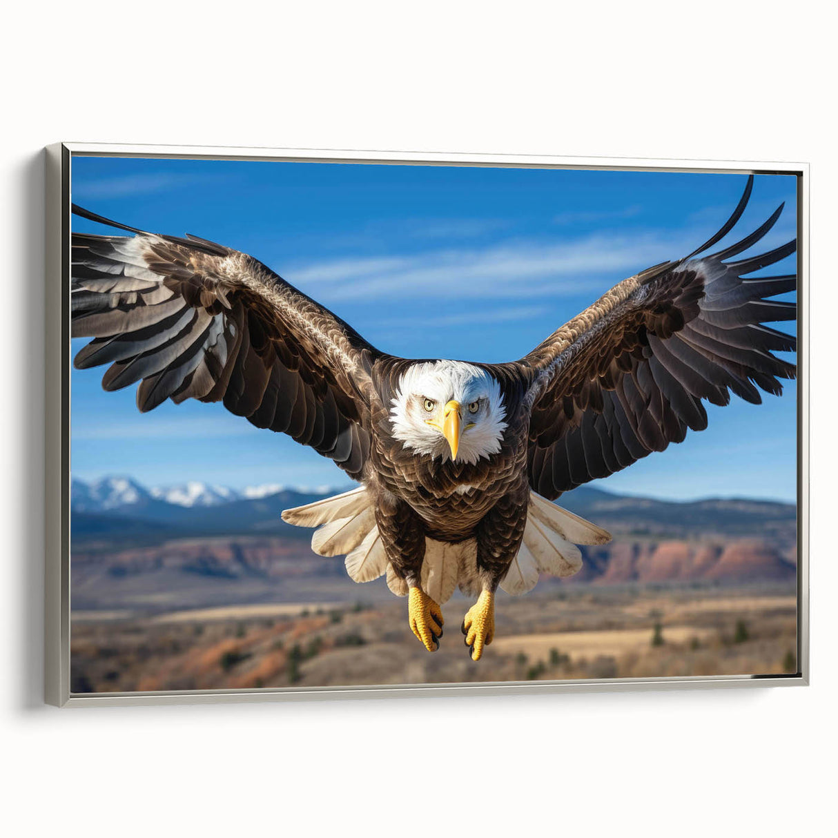 Framed wall art featuring a silver-framed canvas print of a vibrant bird design, showcasing colorful birds in an elegant arrangement, perfect for home decor.