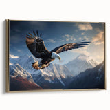 Framed wall art featuring a striking design of birds of prey, showcasing intricate details and gold accents, presented in a stylish side view for an elegant home decor touch.