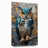 Acrylic glass wall art from the "Birds of Pray" collection, showcasing vibrant bird designs, displayed in a modern setting with silver pins highlighting its elegance.