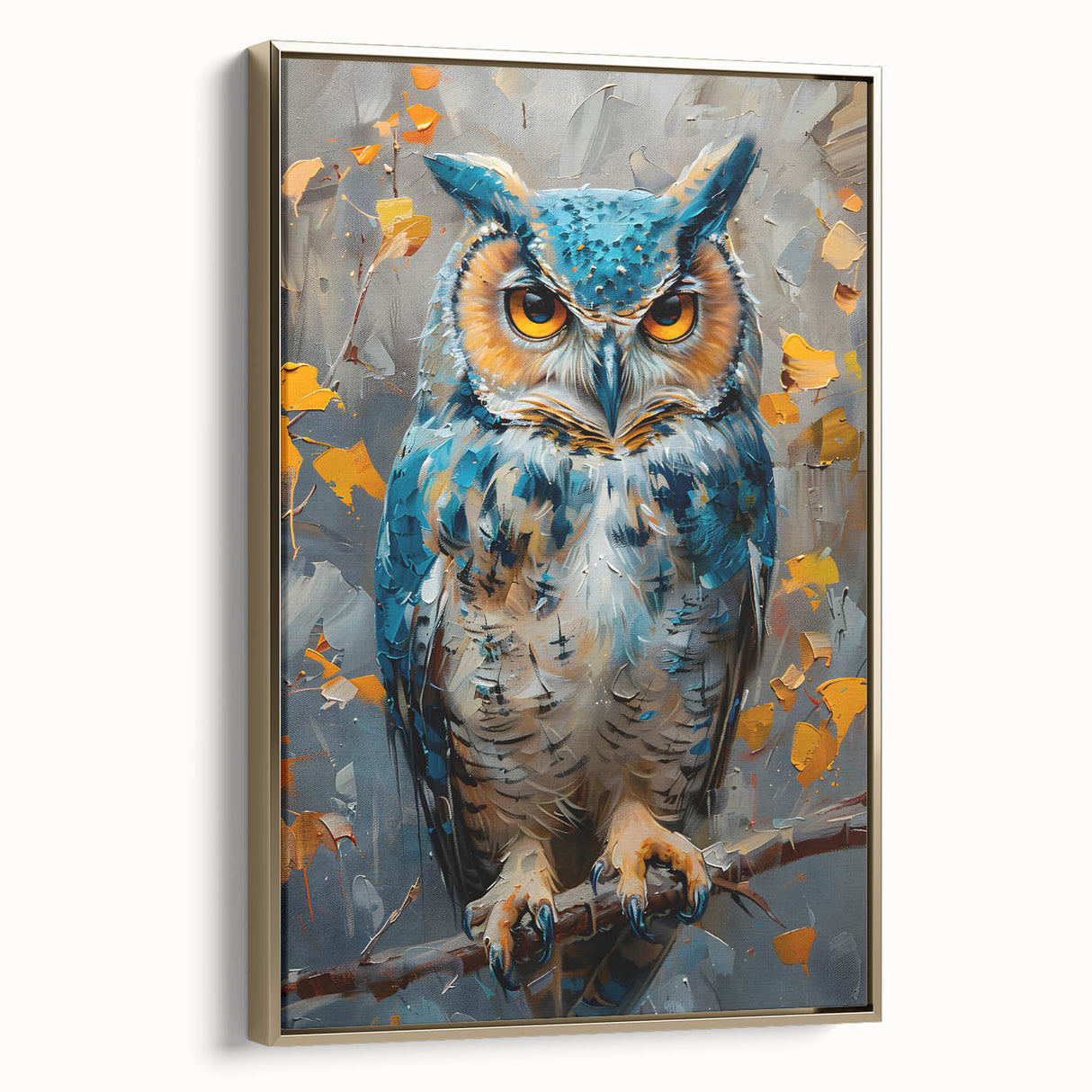 Framed canvas wall art featuring a collection of birds in flight, showcasing vibrant colors with a gold frame. Ideal for enhancing home decor and adding a touch of nature-inspired elegance.