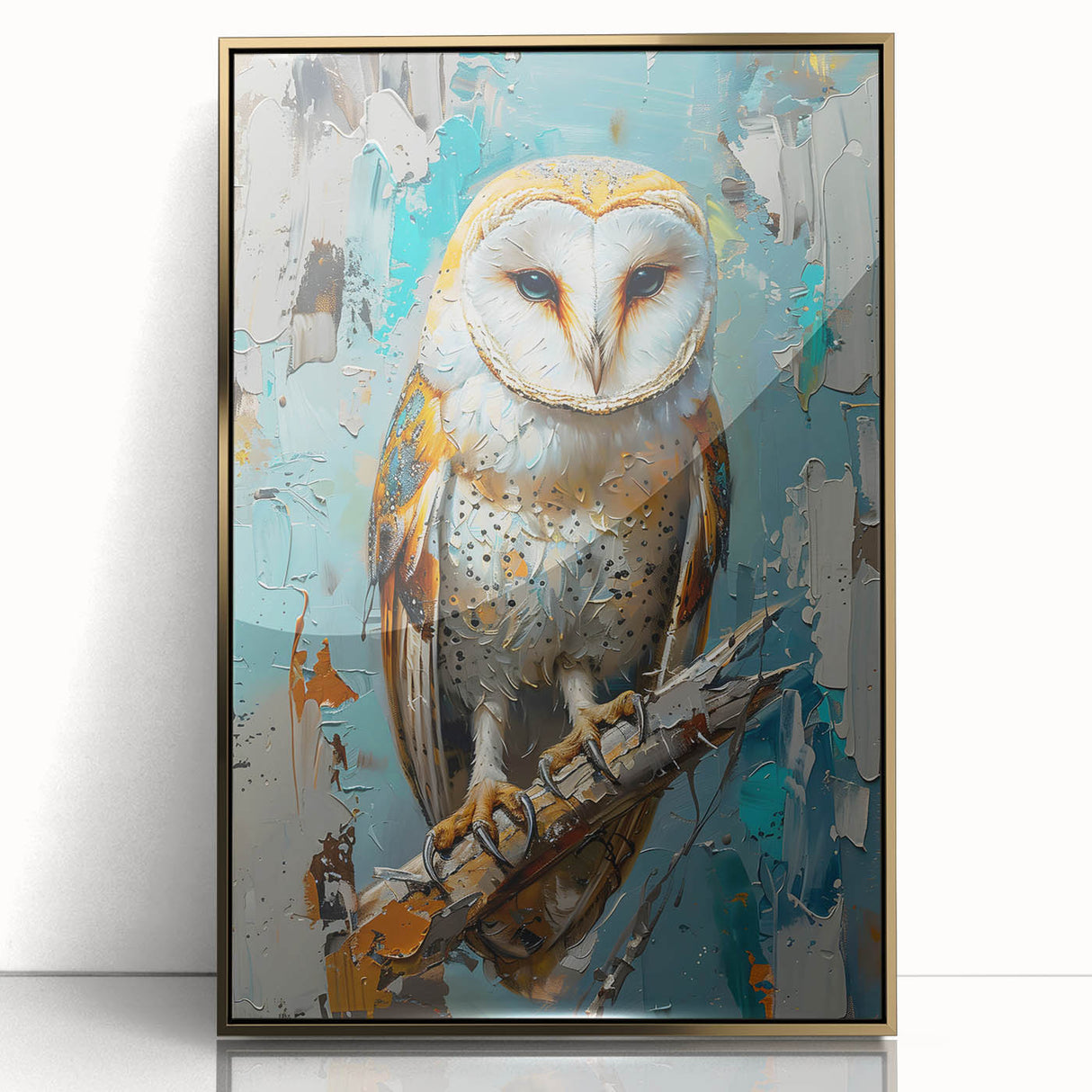 Framed wall art featuring a vibrant birds of prey design, showcasing intricate details and a gold-acrylic finish, ideal for enhancing modern decor.