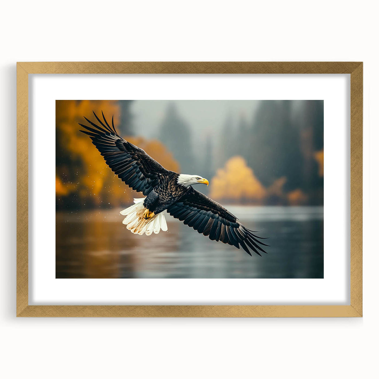 Framed wall art featuring a serene birds of prey design in gold, showcasing intricate detailing and vibrant colors, perfect for enhancing modern decor aesthetics.
