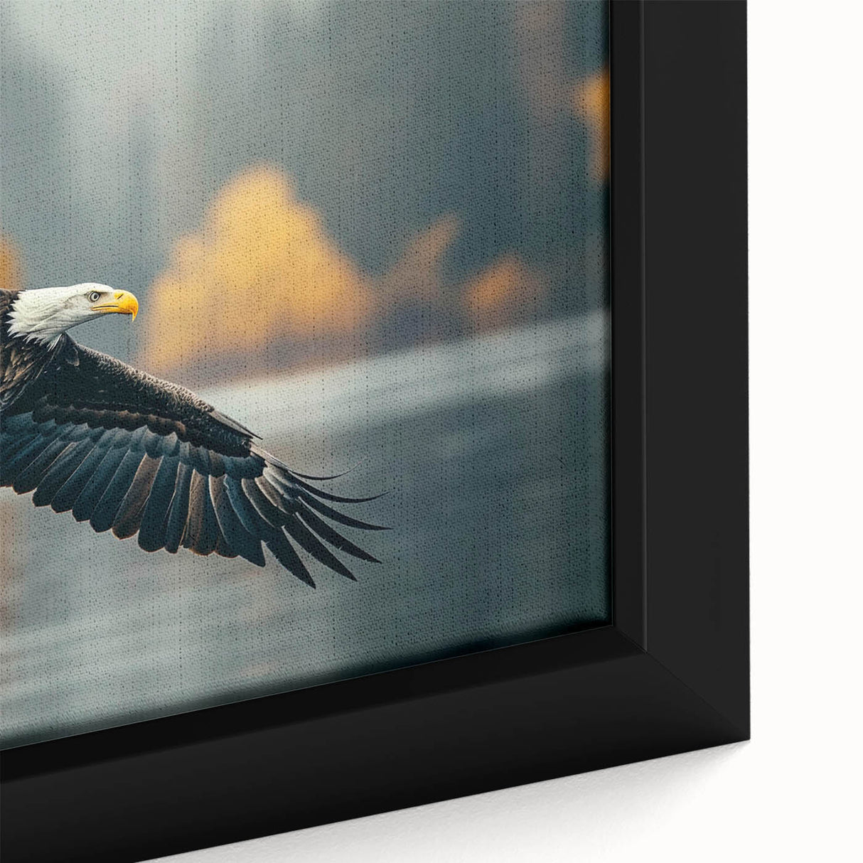 Close-up of a framed canvas wall art piece featuring a vibrant birds of prey design, showcasing intricate details and rich colors, ideal for nature enthusiasts.