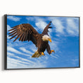 Framed wall art featuring a vibrant bird design from the "Birds of Pray" collection, showcasing a sleek black frame and textured canvas for a modern touch.