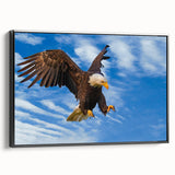 Framed wall art featuring a vibrant bird design from the "Birds of Pray" collection, showcasing a sleek black frame and textured canvas for a modern touch.
