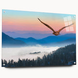 Acrylic glass wall art featuring a detailed design of birds of prey, displayed in a stylish side view with metallic pins, perfect for nature enthusiasts and home decor.