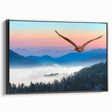 Framed canvas wall art showcasing a vibrant 'Birds of Prey' design, featuring rich colors and intricate details, displayed from a black side view for an elegant presentation.