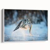 Framed canvas wall art displaying a vibrant birds of prey design in a white frame, showcasing intricate details and textures from a side view, perfect for wildlife enthusiasts.