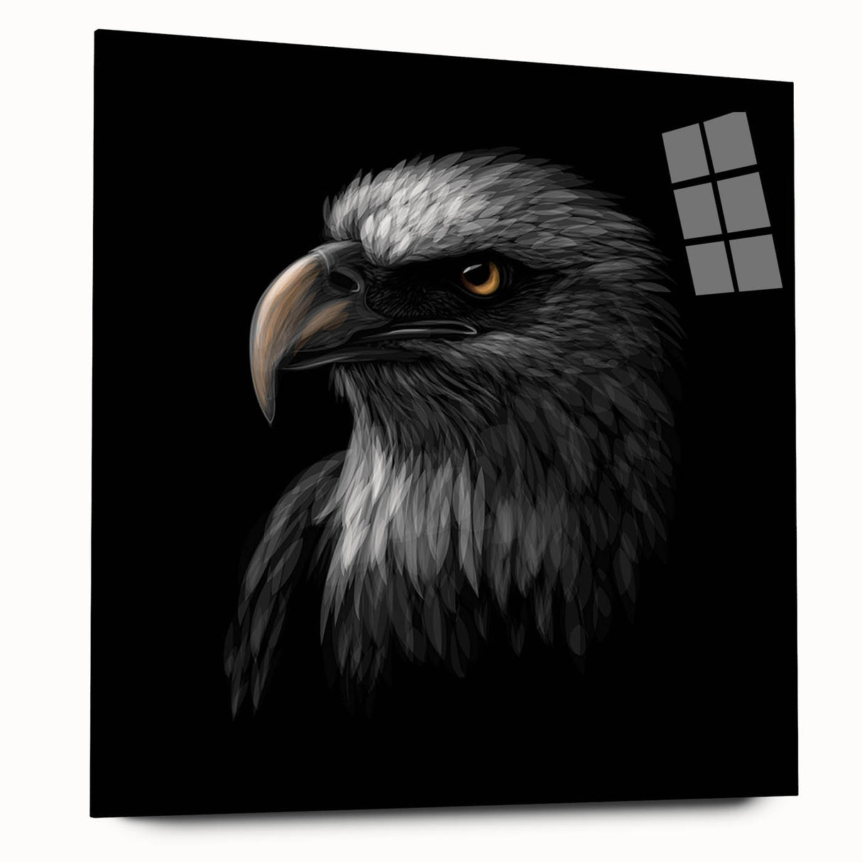 Side view of a sleek acrylic glass wall art piece showcasing a vibrant "Birds of Prey" design, elegantly displayed without pins, perfect for modern decor.