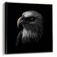 Framed canvas wall art featuring a stunning design of birds of prey, set against a black background, showcasing intricate details and vibrant colors. Perfect for wildlife enthusiasts and home decor.