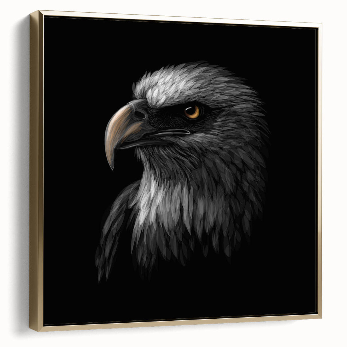 Framed wall art featuring a striking design of birds, showcasing detailed illustrations in vibrant colors against a gold background, ideal for home decor.