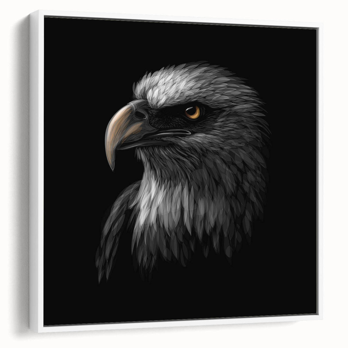 Framed wall art showcasing a vibrant bird design in a contemporary style, featuring a white frame and a sleek side profile, ideal for modern home decor.