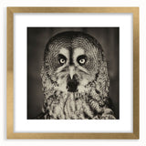 Framed wall art featuring a stylized birds of prey design in gold and neutral tones, elegantly displayed with a mat, perfect for modern home decor.