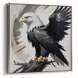 Framed wall art showcasing a stunning birds of prey design in vibrant colors, elegantly displayed from the side with a sleek silver frame, perfect for nature enthusiasts.