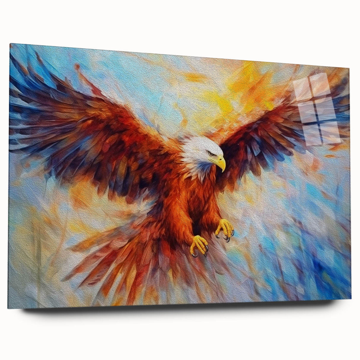 Acrylic glass wall art showcasing a vibrant birds of prey design, side view highlighting the glossy finish and sleek edges, ideal for modern decor enthusiasts.
